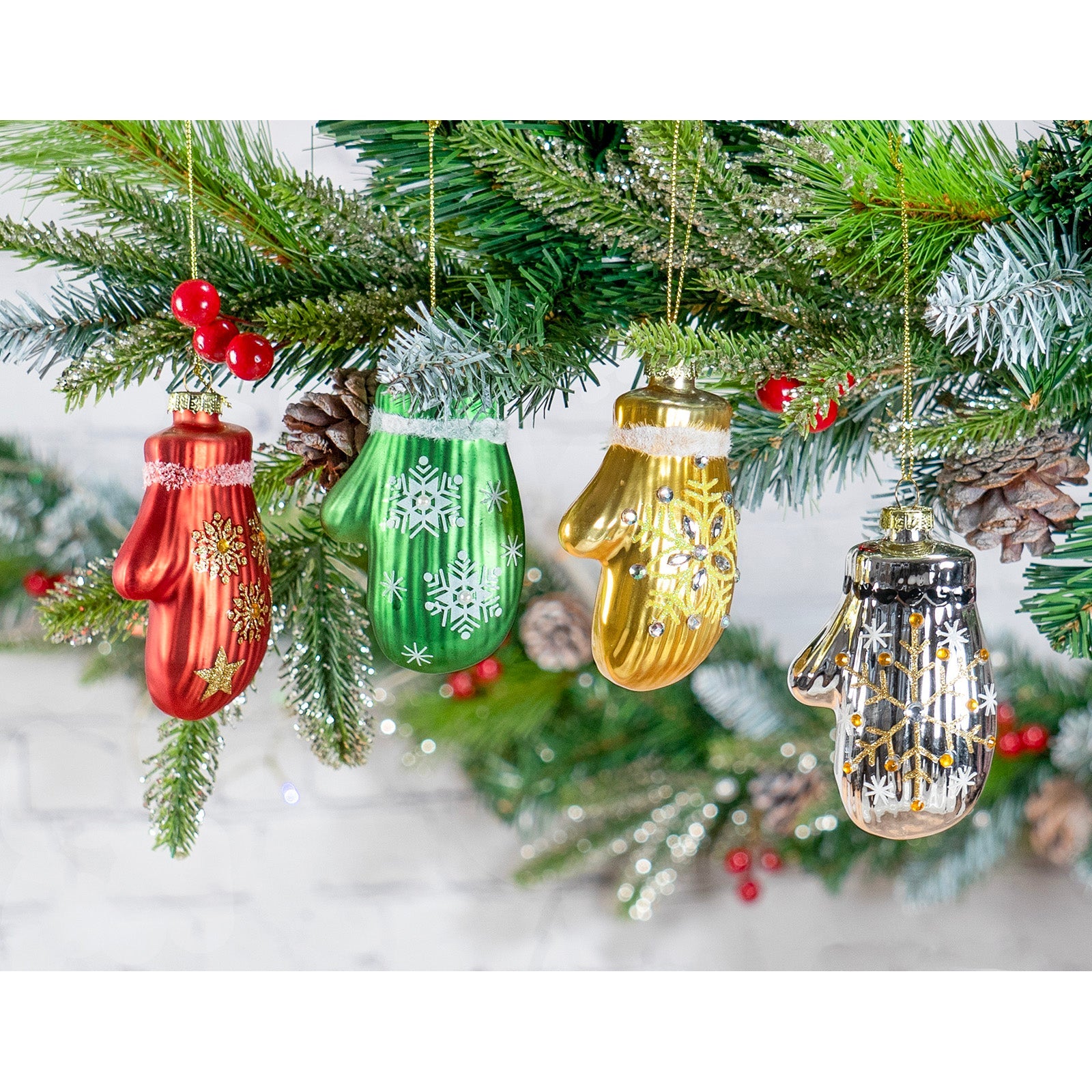 Red Co. 4” Small Decorative Glass Hanging Christmas Tree Ornaments – Set of 4 Assorted Mittens